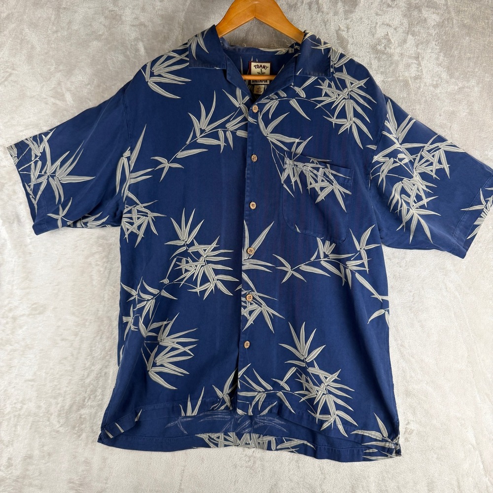 Tommy Bahama Mens Medium Silk Bamboo Print Short Sleeve Button Down Navy Blue